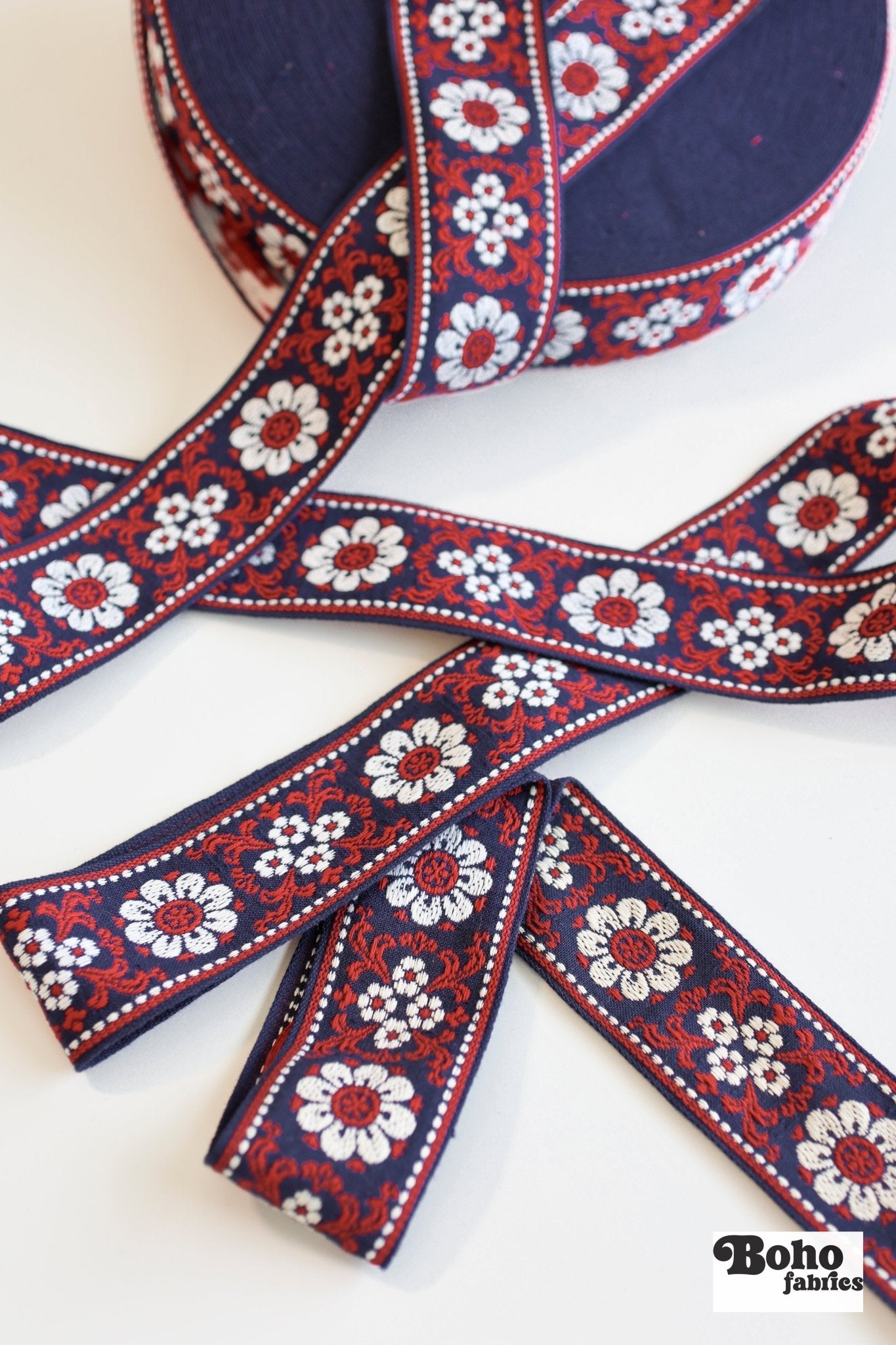 Volkslied Floral in Navy. Vintage Jacquard Woven Trim, 2.25" TRIM - 070 - Boho Fabrics - Trims