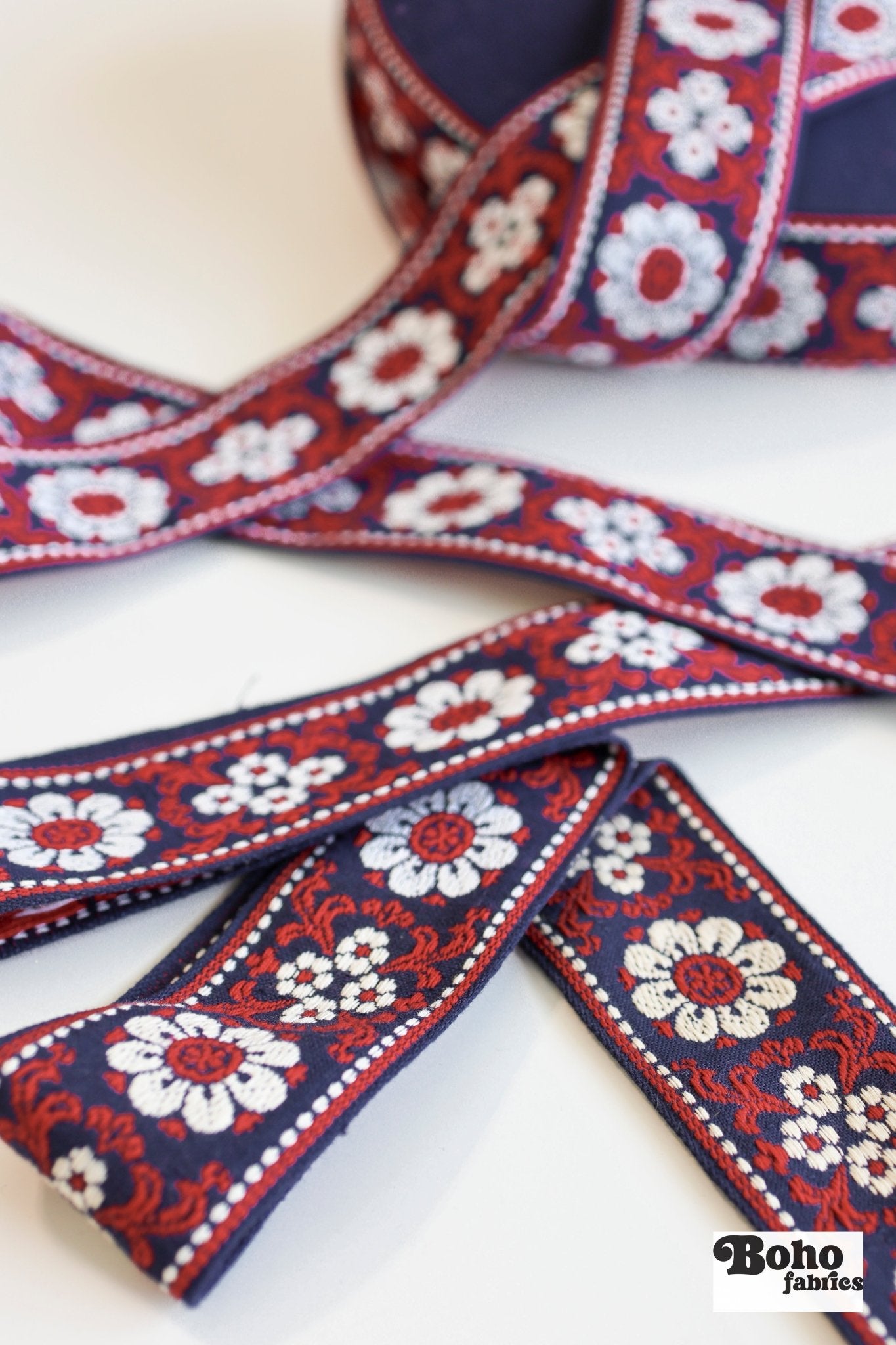 Volkslied Floral in Navy. Vintage Jacquard Woven Trim, 2.25" TRIM - 070 - Boho Fabrics - Trims