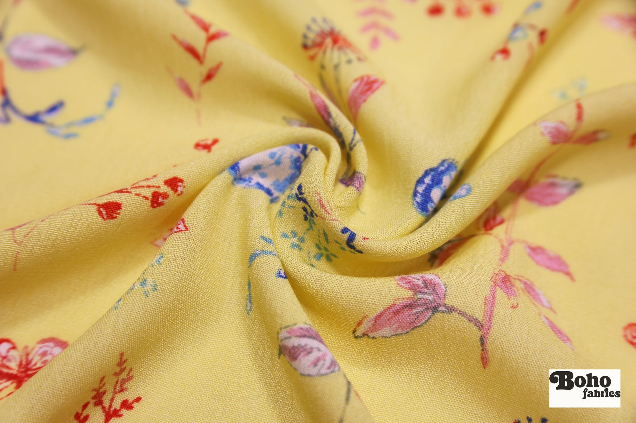 Whimsical Blue Butterfly Garden on Yellow Rayon Crepe Woven Fabric - Boho Fabrics - Crepe, Woven