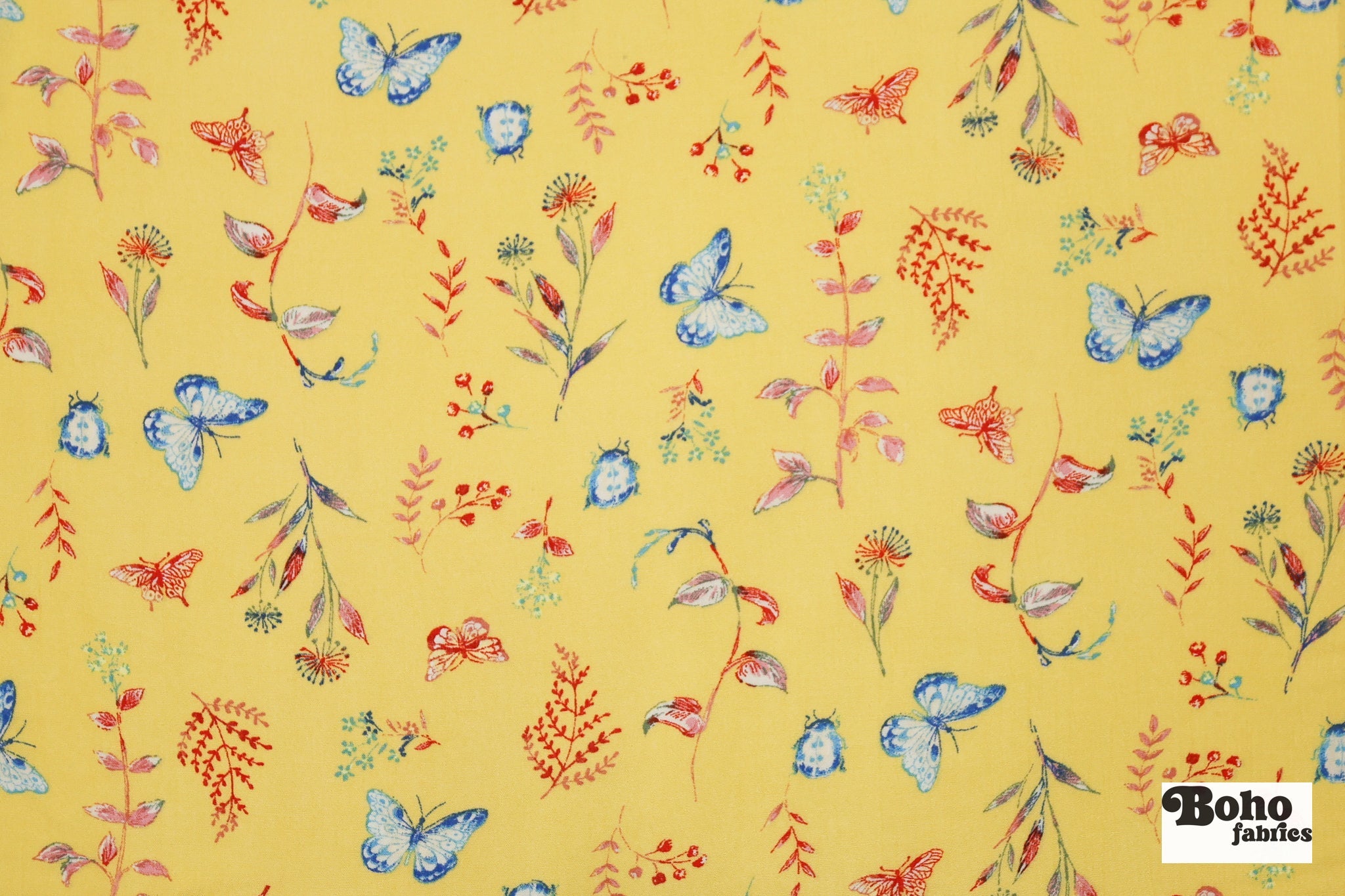 Whimsical Blue Butterfly Garden on Yellow Rayon Crepe Woven Fabric - Boho Fabrics - Crepe, Woven