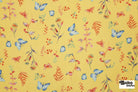 Whimsical Blue Butterfly Garden on Yellow Rayon Crepe Woven Fabric - Boho Fabrics - Crepe, Woven