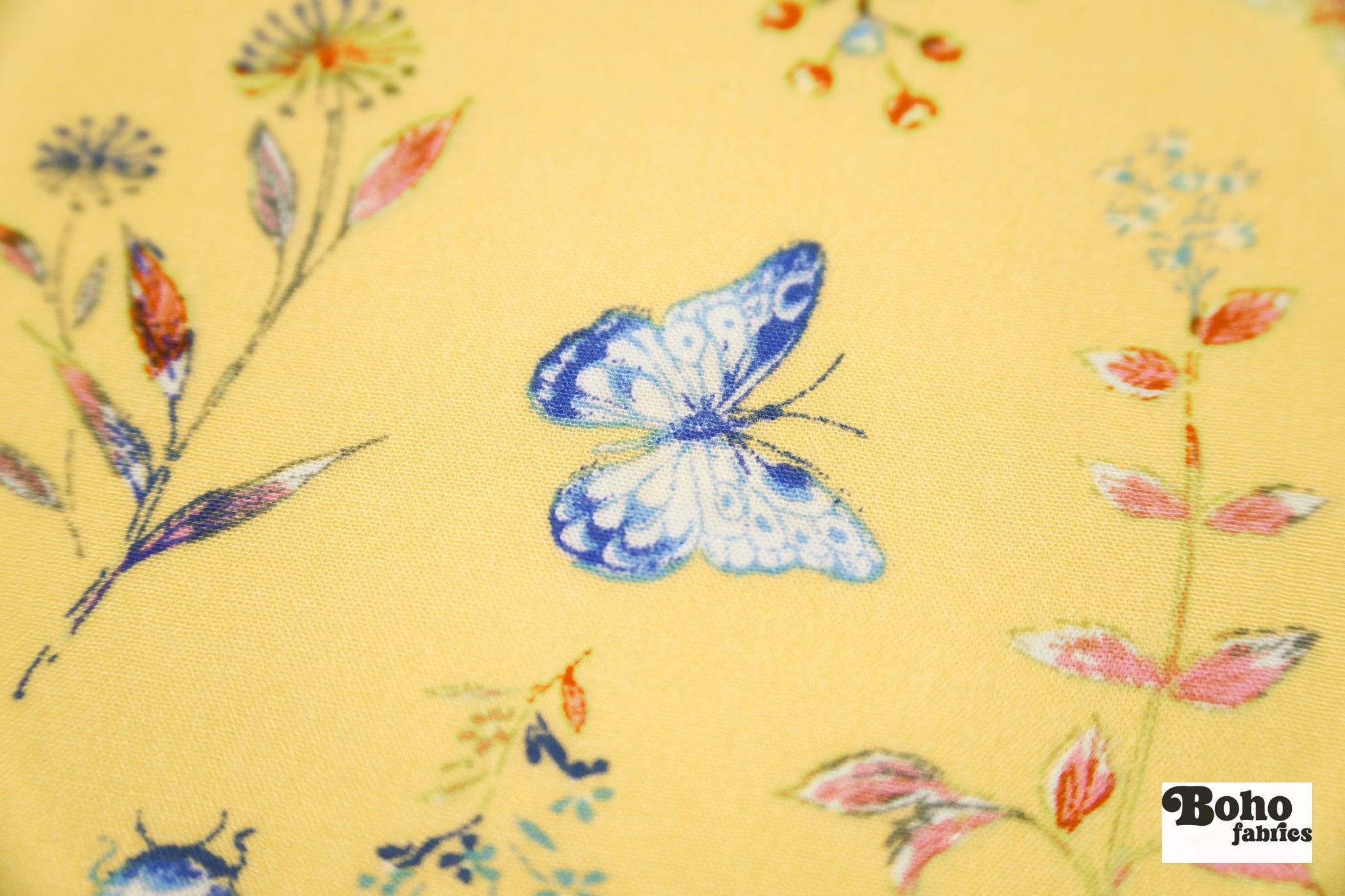 Whimsical Blue Butterfly Garden on Yellow Rayon Crepe Woven Fabric - Boho Fabrics - Crepe, Woven