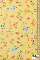 Whimsical Blue Butterfly Garden on Yellow Rayon Crepe Woven Fabric - Boho Fabrics - Crepe, Woven