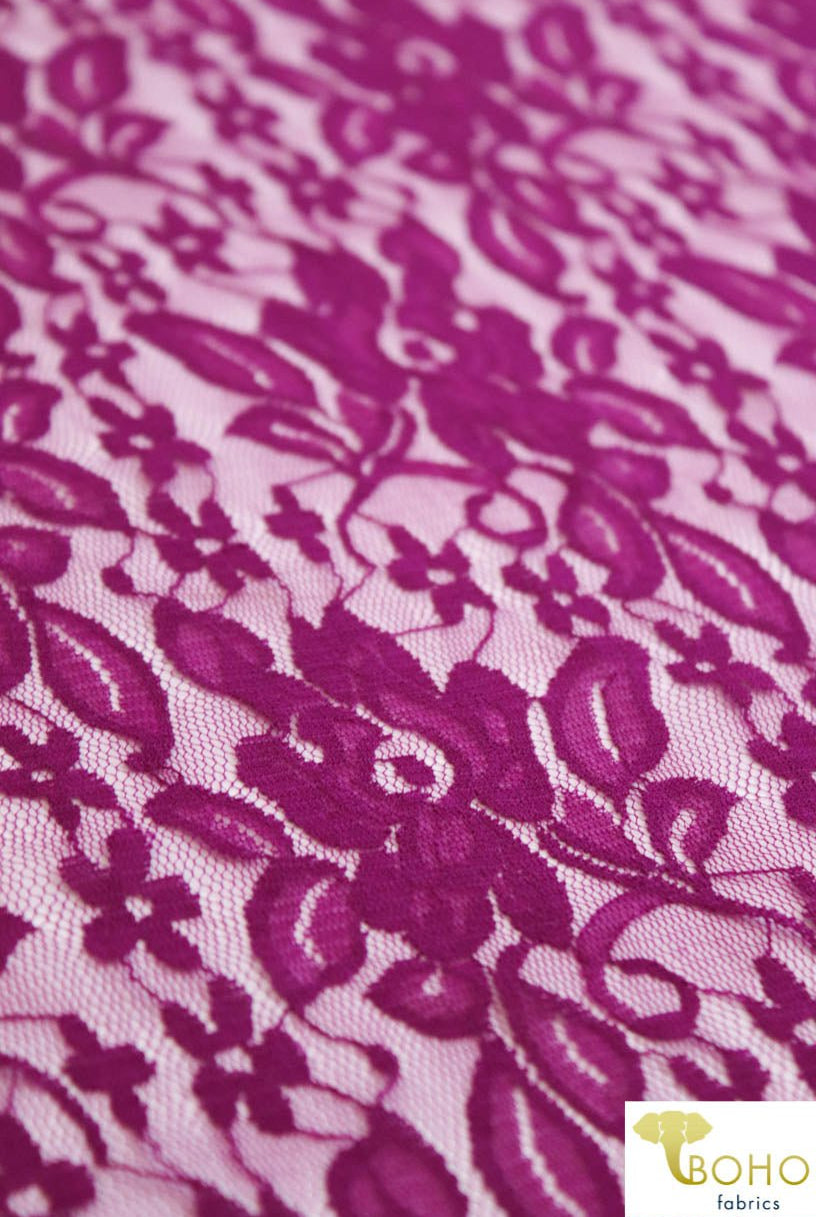 Whimsical Florals in Magenta. Stretch Lace. SL-116. - Boho Fabrics