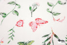 Whimsical Pink Butterfly Garden on White Rayon Crepe Woven Fabric - Boho Fabrics - Crepe, Woven