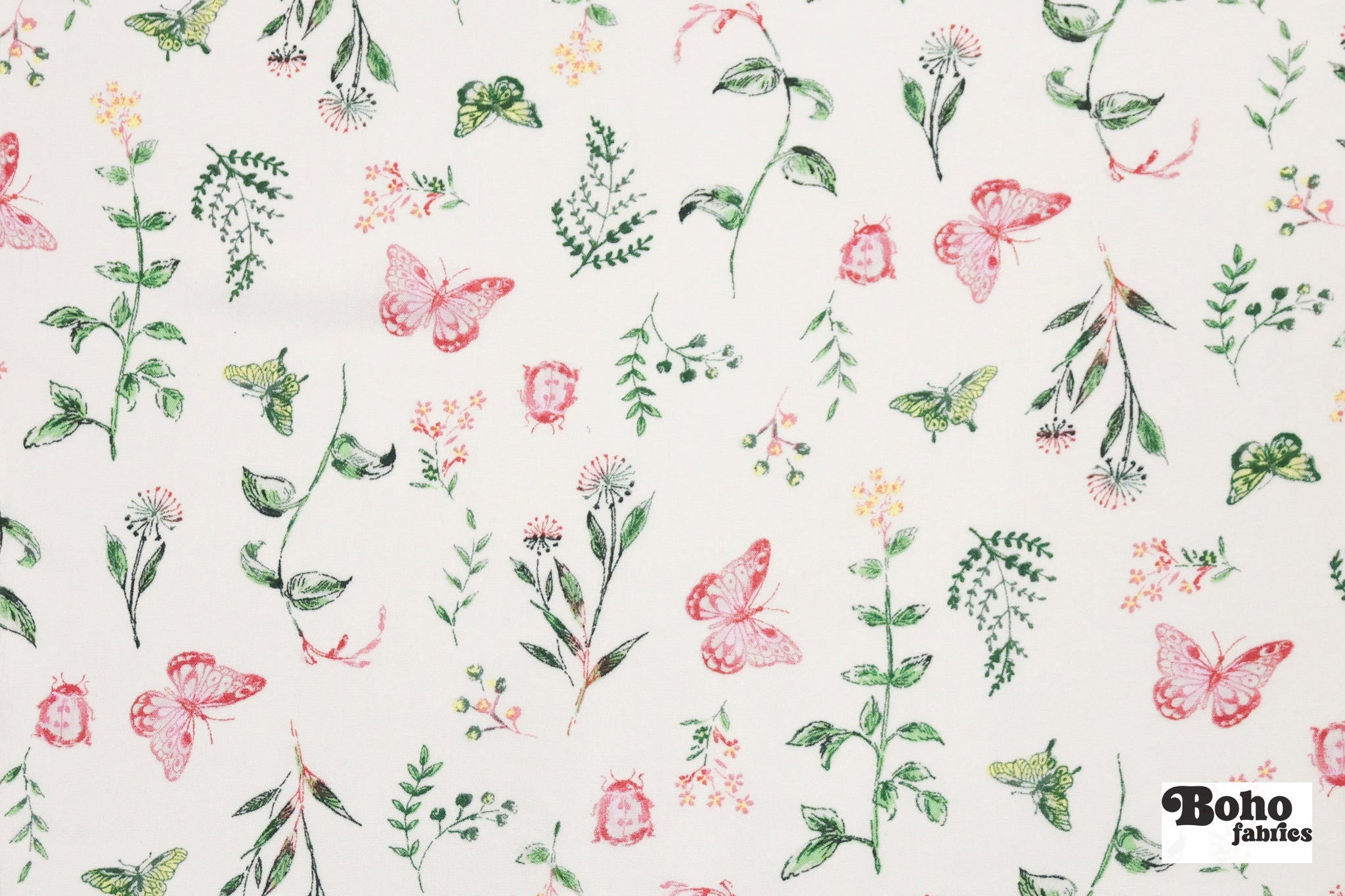 Whimsical Pink Butterfly Garden on White Rayon Crepe Woven Fabric - Boho Fabrics - Crepe, Woven
