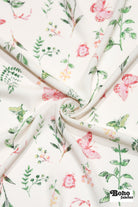 Whimsical Pink Butterfly Garden on White Rayon Crepe Woven Fabric - Boho Fabrics - Crepe, Woven