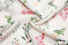 Whimsical Pink Butterfly Garden on White Rayon Crepe Woven Fabric - Boho Fabrics - Crepe, Woven