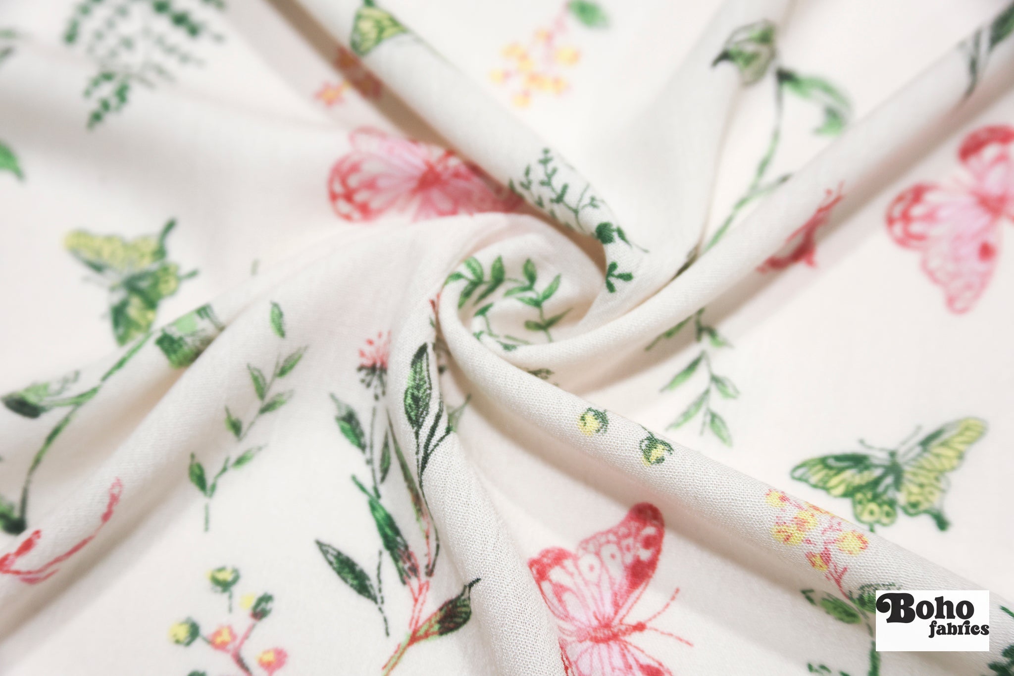Whimsical Pink Butterfly Garden on White Rayon Crepe Woven Fabric - Boho Fabrics - Crepe, Woven