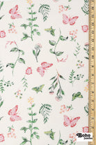 Whimsical Pink Butterfly Garden on White Rayon Crepe Woven Fabric - Boho Fabrics - Crepe, Woven