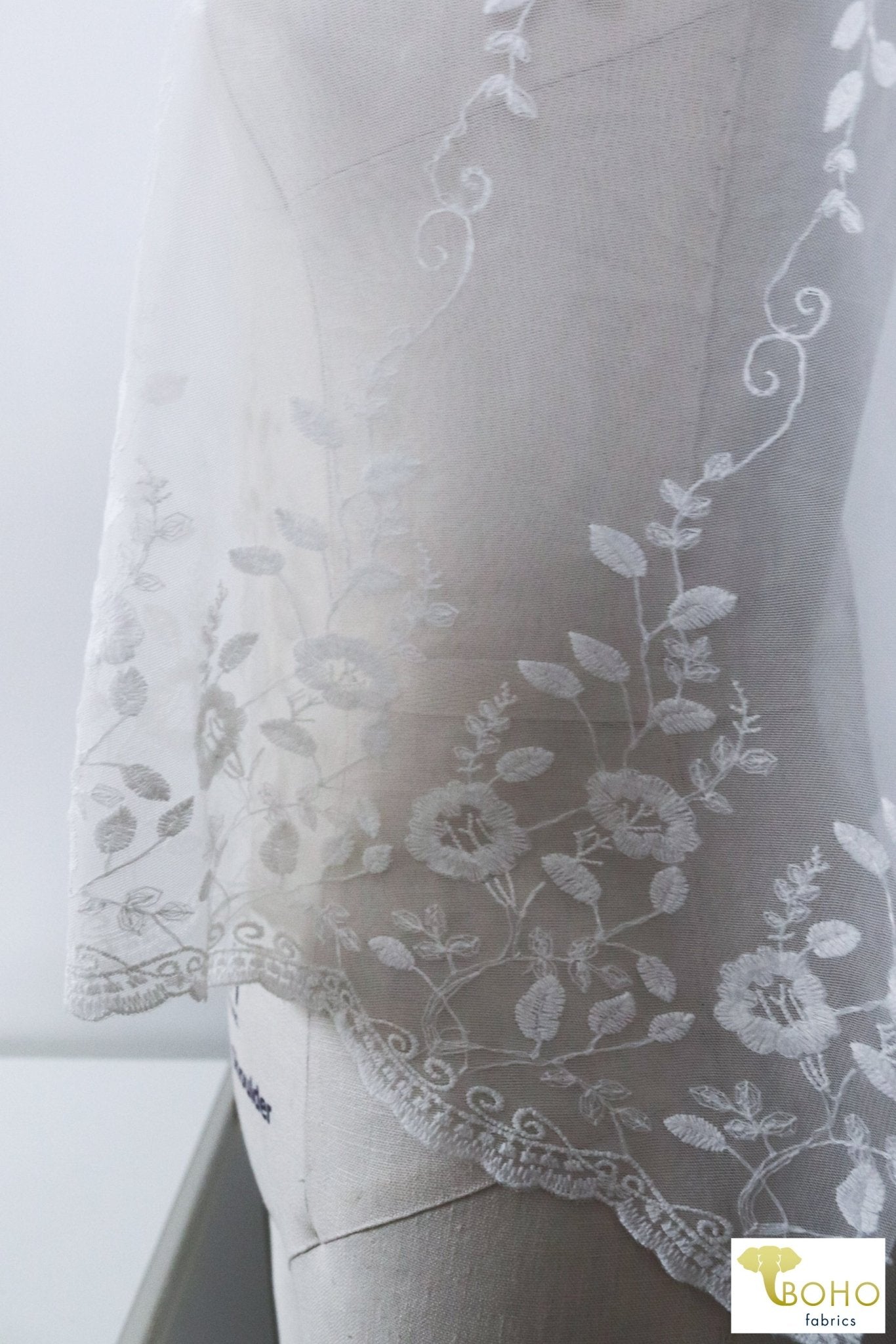 Whistledown Florals on White. Double Scallop Embroidered Mesh, Special Occasion Fabric. SO-107 - Boho Fabrics