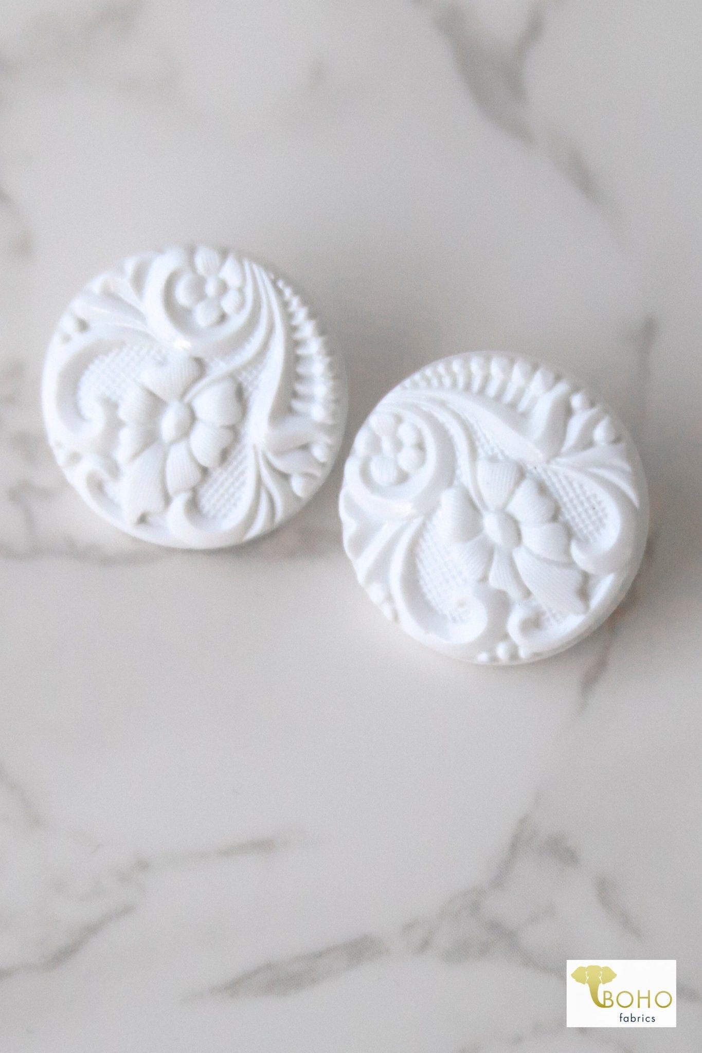 White, Art Nouveau Florals, Shank Buttons. Available in 15mm, 18mm, 20mm, 25.5mm - Boho Fabrics