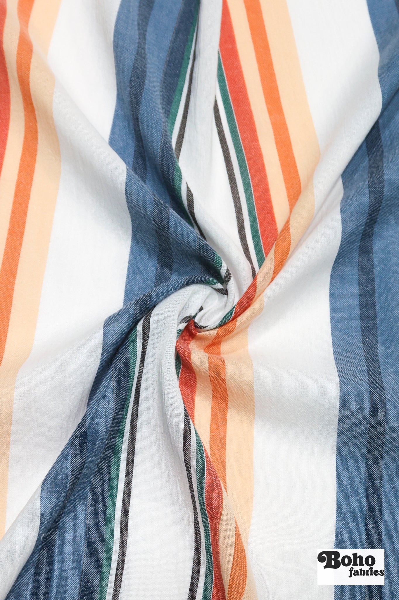 White Blue & Orange Multicolor Striped Cotton Shirting Woven Fabric - Boho Fabrics - Woven, Fabric