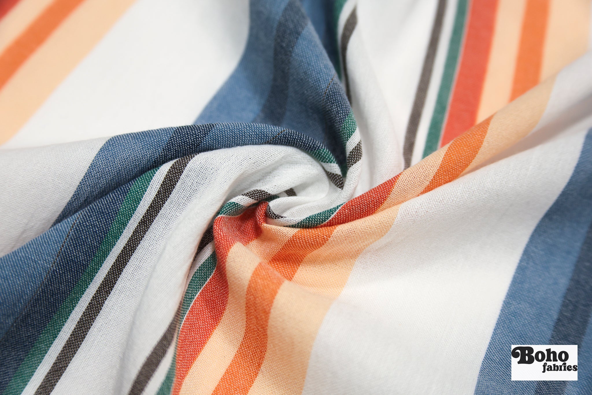 White Blue & Orange Multicolor Striped Cotton Shirting Woven Fabric - Boho Fabrics - Woven, Fabric
