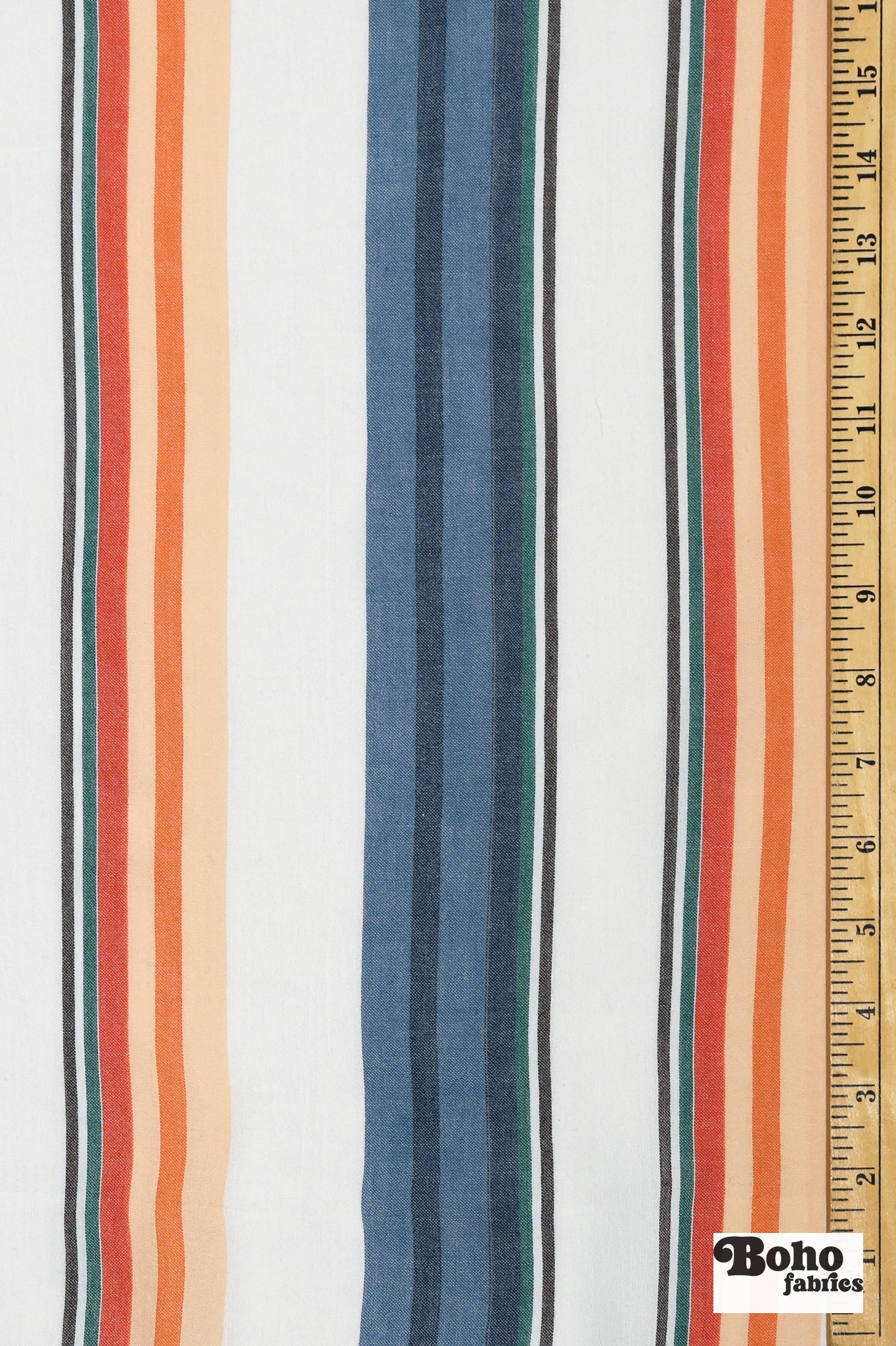 White Blue & Orange Multicolor Striped Cotton Shirting Woven Fabric - Boho Fabrics - Woven, Fabric