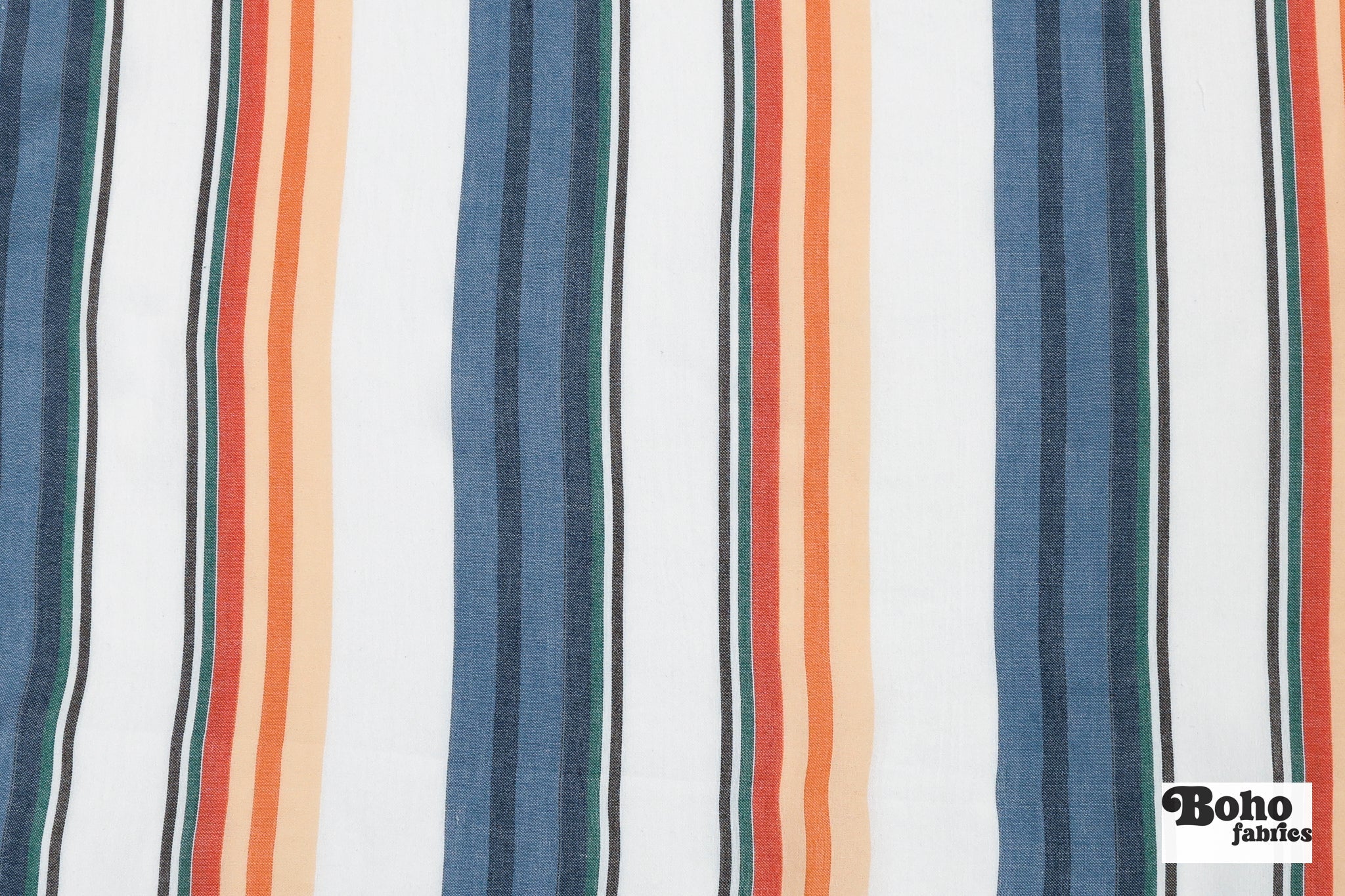White Blue & Orange Multicolor Striped Cotton Shirting Woven Fabric - Boho Fabrics - Woven, Fabric