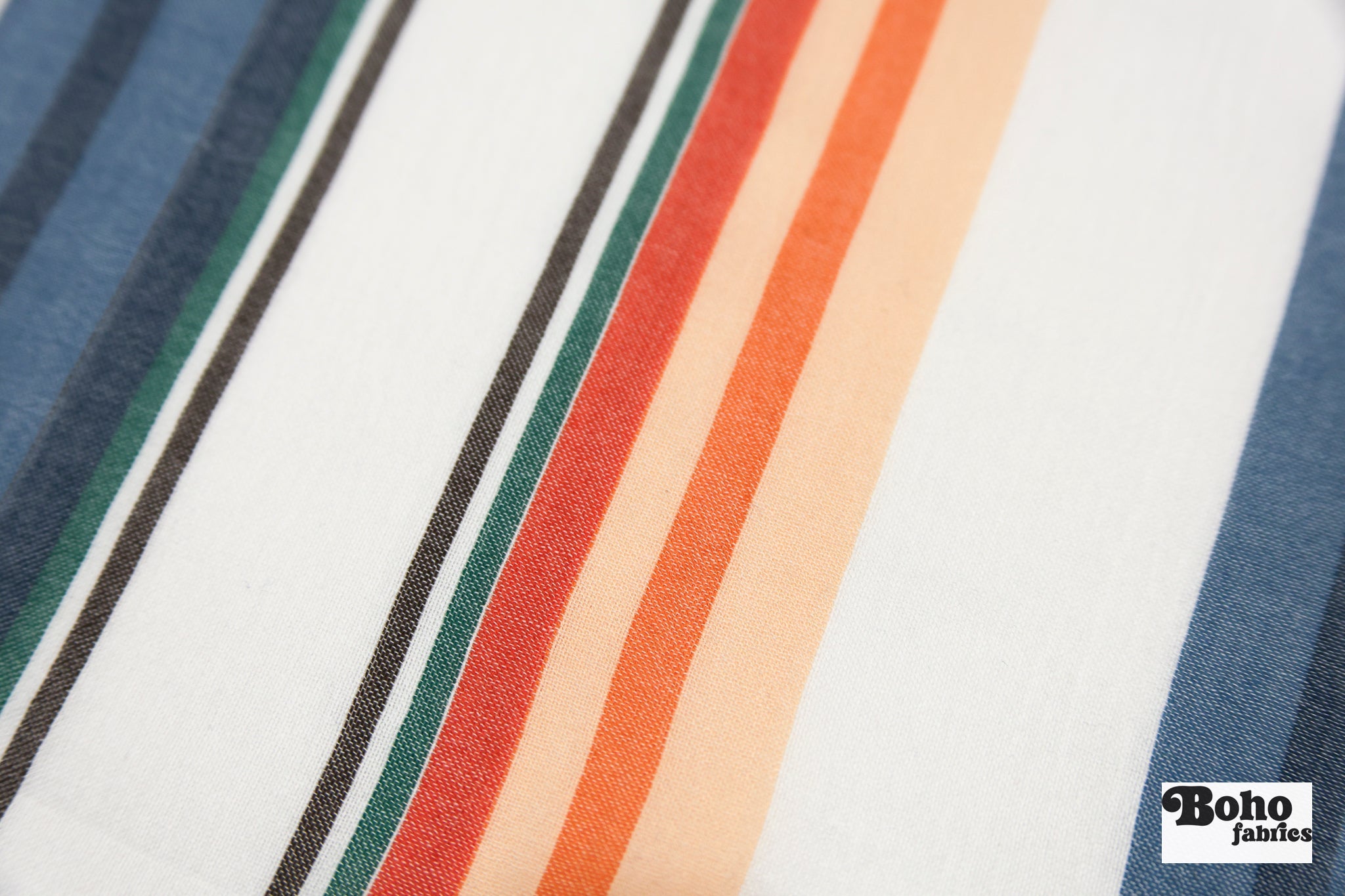White Blue & Orange Multicolor Striped Cotton Shirting Woven Fabric - Boho Fabrics - Woven, Fabric