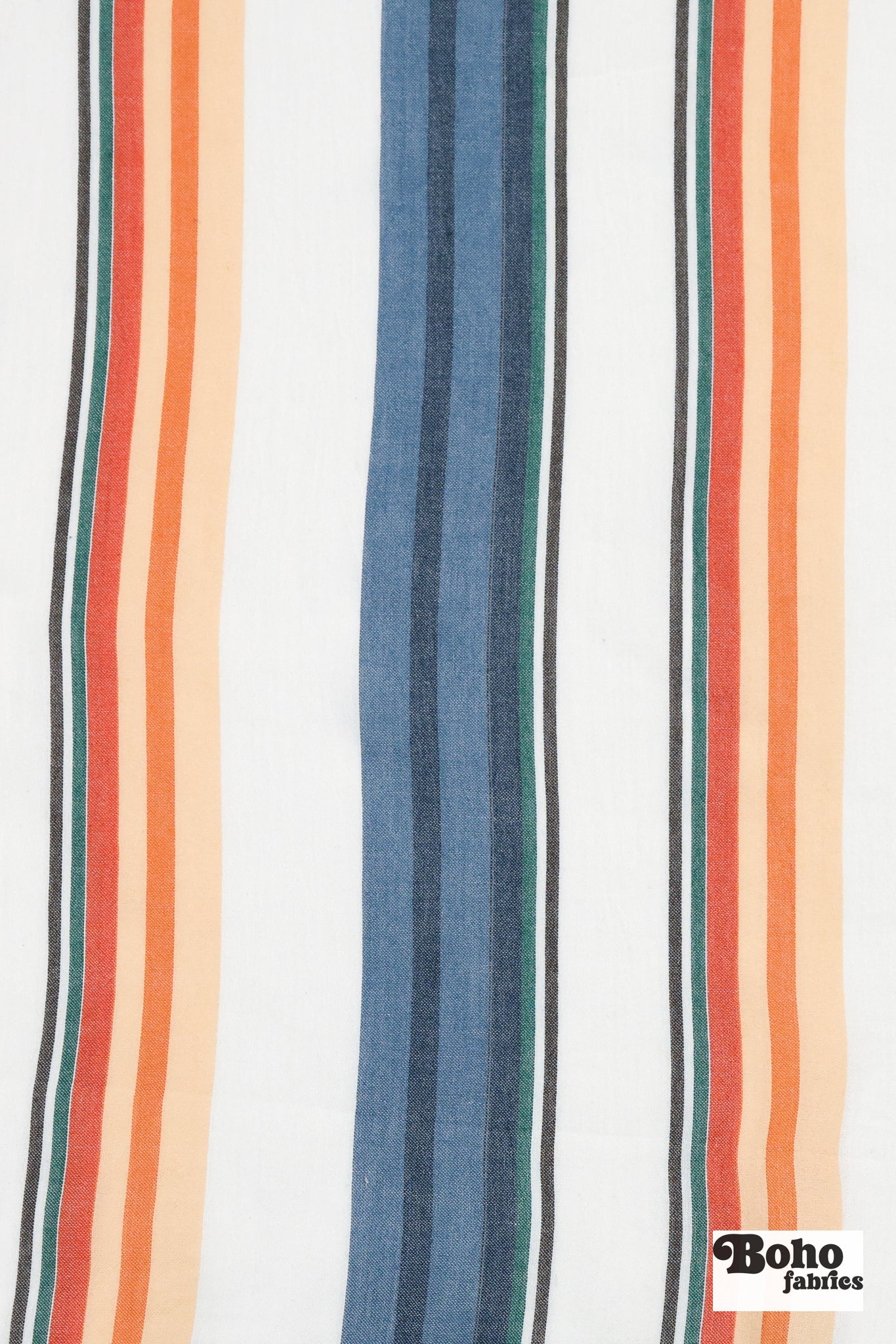 White Blue & Orange Multicolor Striped Cotton Shirting Woven Fabric - Boho Fabrics - Woven, Fabric