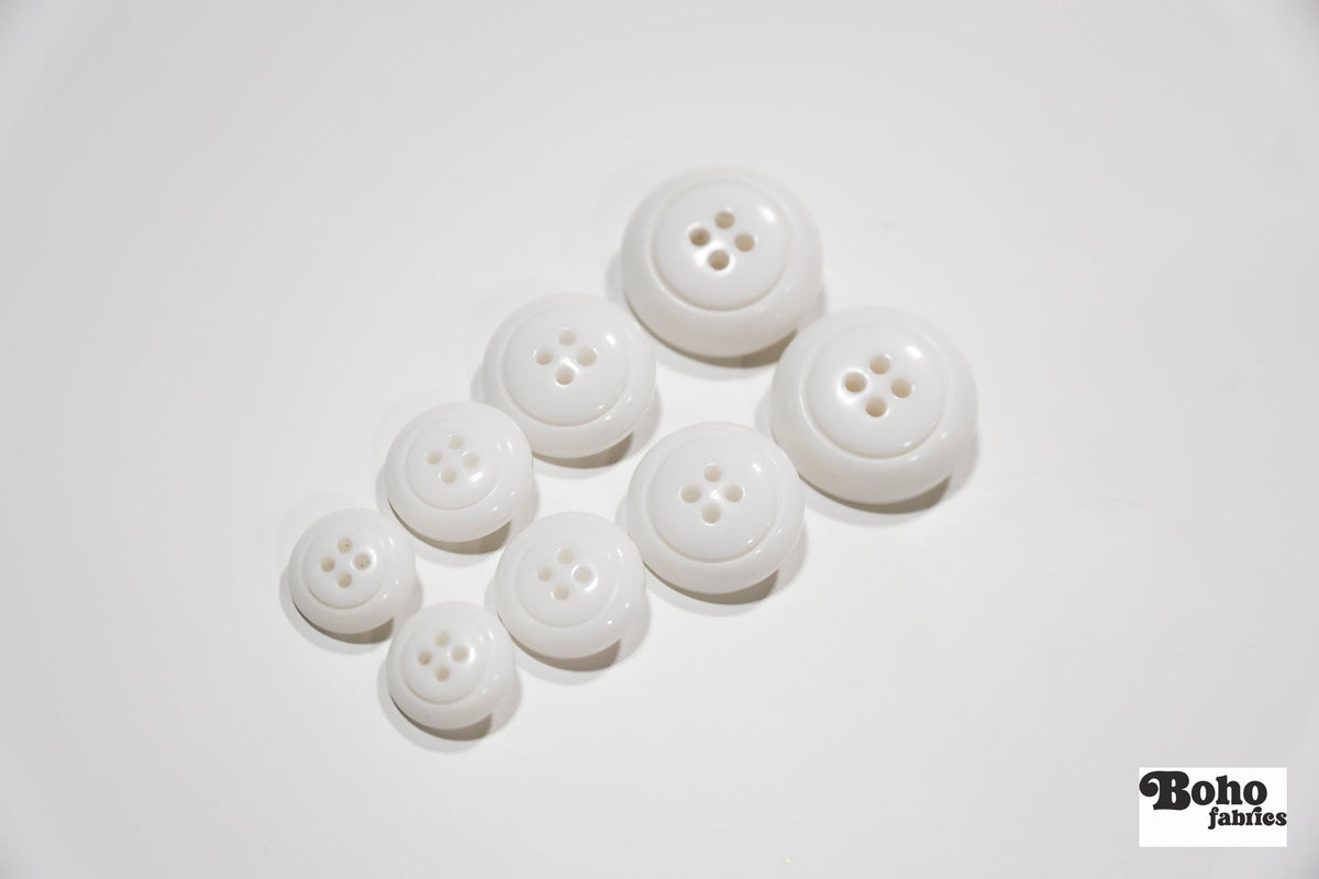White Dome 4-Hole Plastic Buttons. 28L (18mm / 11/16"), 34L (21mm / 7/8"), 40L (25mm / 1"), 48L (30mm / 1 3/16") - Boho Fabrics - Buttons & Snaps