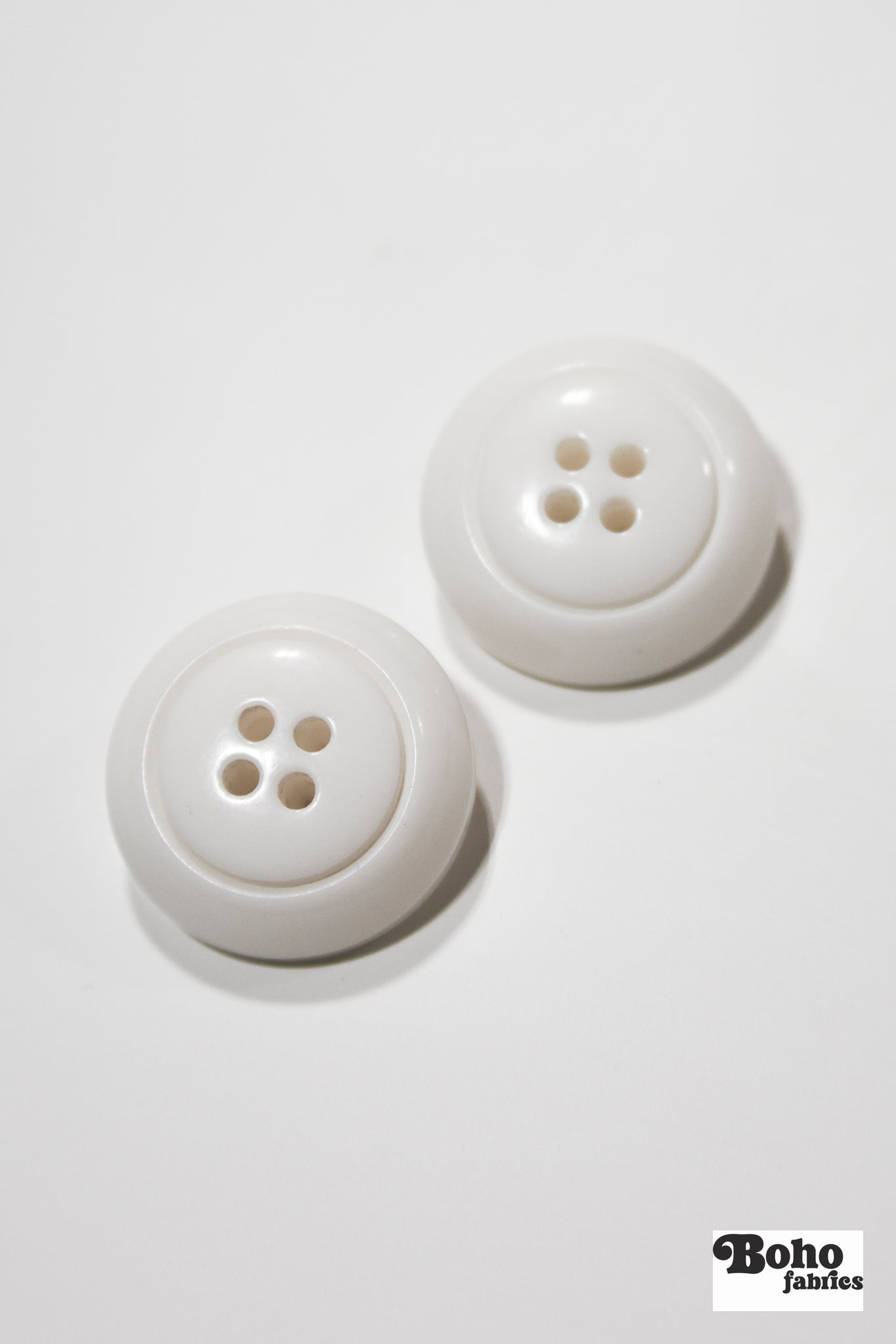 White Dome 4-Hole Plastic Buttons. 28L (18mm / 11/16"), 34L (21mm / 7/8"), 40L (25mm / 1"), 48L (30mm / 1 3/16") - Boho Fabrics - Buttons & Snaps