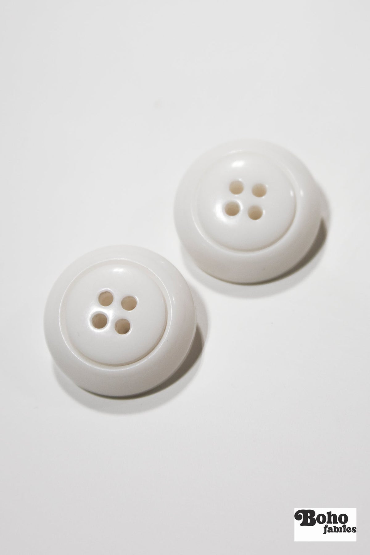 White Dome 4-Hole Plastic Buttons. 28L (18mm / 11/16"), 34L (21mm / 7/8"), 40L (25mm / 1"), 48L (30mm / 1 3/16") - Boho Fabrics - Buttons & Snaps