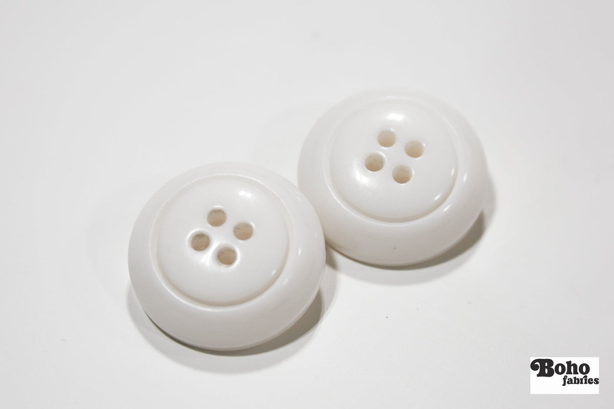 White Dome 4-Hole Plastic Buttons. 28L (18mm / 11/16"), 34L (21mm / 7/8"), 40L (25mm / 1"), 48L (30mm / 1 3/16") - Boho Fabrics - Buttons & Snaps