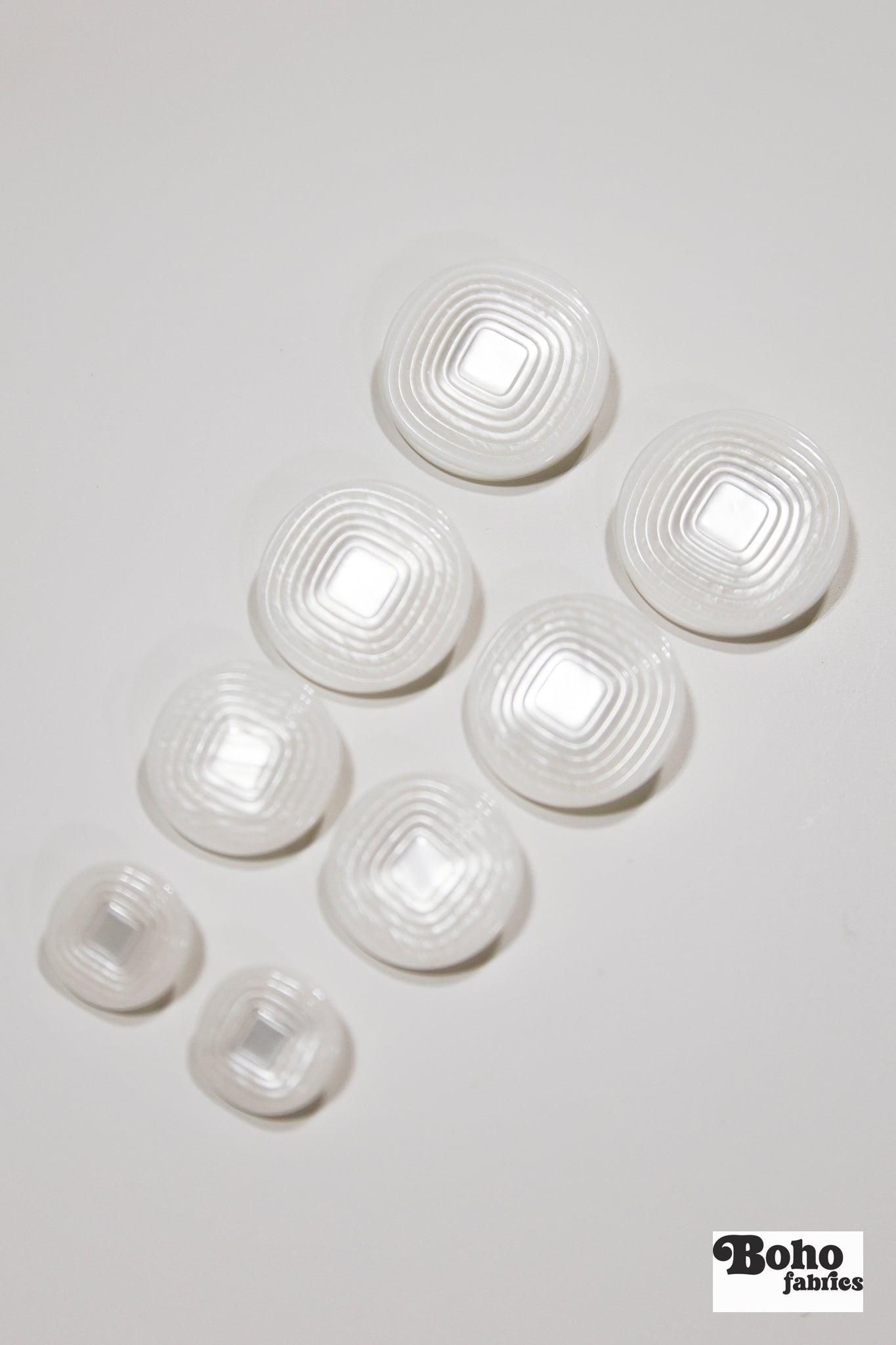 White Pearl Concentric Square Plastic Shank Buttons. 24L (15mm / 5/8"), 32L (20mm 13/16"), 36L (23mm / 7/8") - Boho Fabrics - Buttons & Snaps