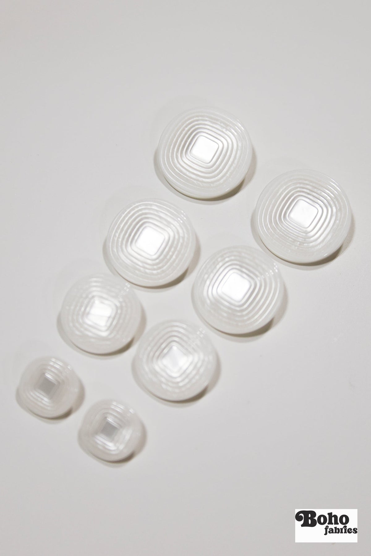 White Pearl Concentric Square Plastic Shank Buttons. 24L (15mm / 5/8"), 32L (20mm 13/16"), 36L (23mm / 7/8") - Boho Fabrics - Buttons & Snaps