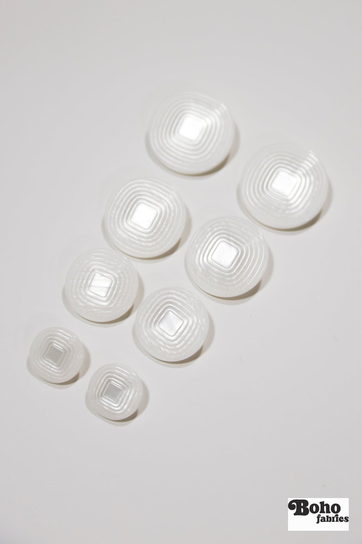 White Pearl Concentric Square Plastic Shank Buttons. 24L (15mm / 5/8"), 32L (20mm 13/16"), 36L (23mm / 7/8") - Boho Fabrics - Buttons & Snaps