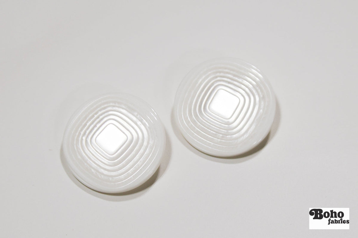 White Pearl Concentric Square Plastic Shank Buttons. 24L (15mm / 5/8"), 32L (20mm 13/16"), 36L (23mm / 7/8") - Boho Fabrics - Buttons & Snaps