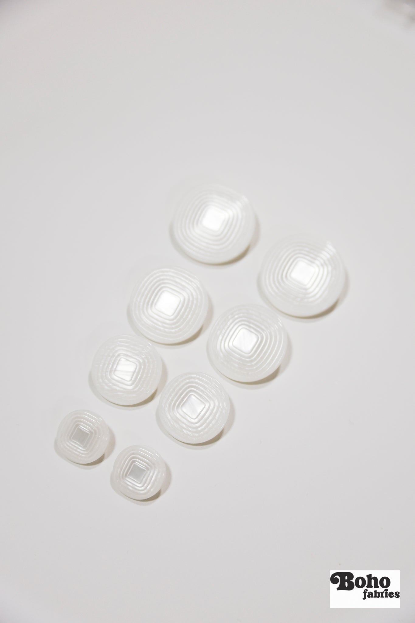 White Pearl Concentric Square Plastic Shank Buttons. 24L (15mm / 5/8"), 32L (20mm 13/16"), 36L (23mm / 7/8") - Boho Fabrics - Buttons & Snaps
