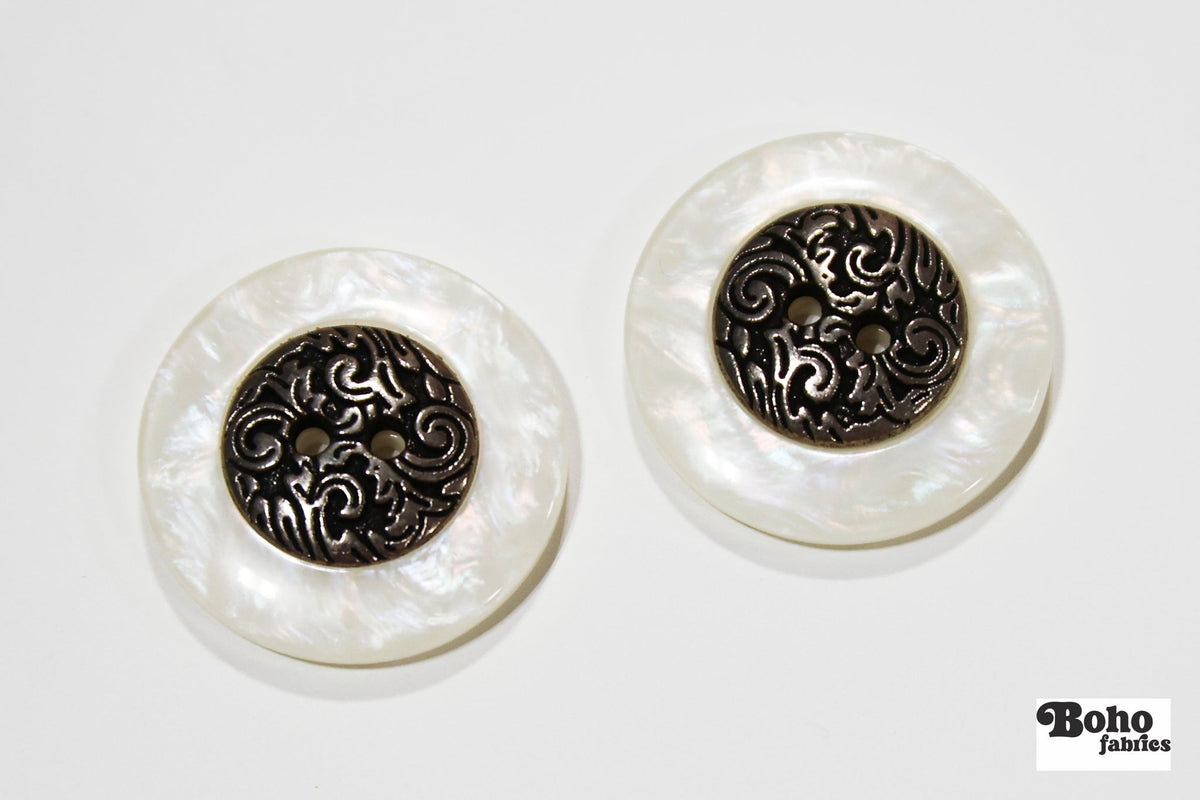 White Pearl & Gold Filigree 2-Hole Plastic Buttons. 40L (25mm / 1") - Boho Fabrics - Buttons & Snaps