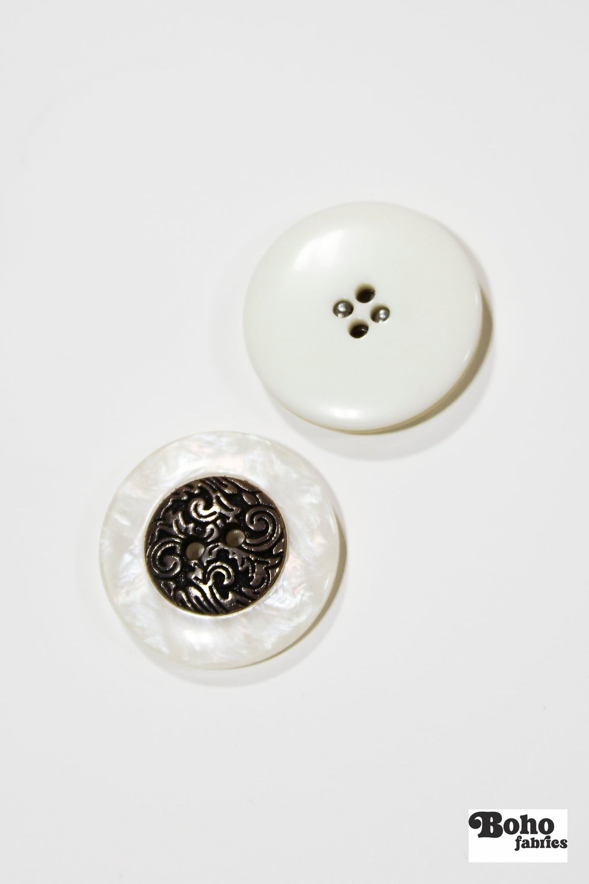 White Pearl & Gold Filigree 2-Hole Plastic Buttons. 40L (25mm / 1") - Boho Fabrics - Buttons & Snaps