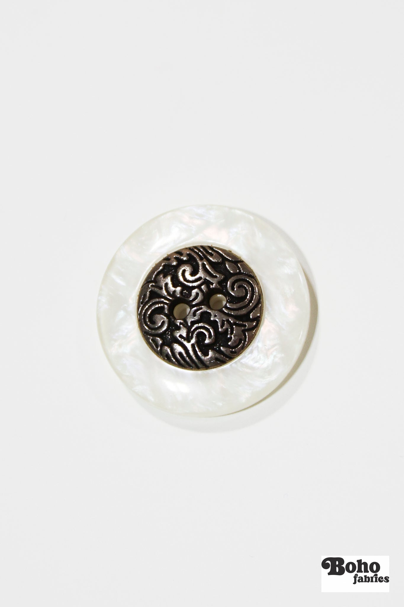White Pearl & Gold Filigree 2-Hole Plastic Buttons. 40L (25mm / 1") - Boho Fabrics - Buttons & Snaps