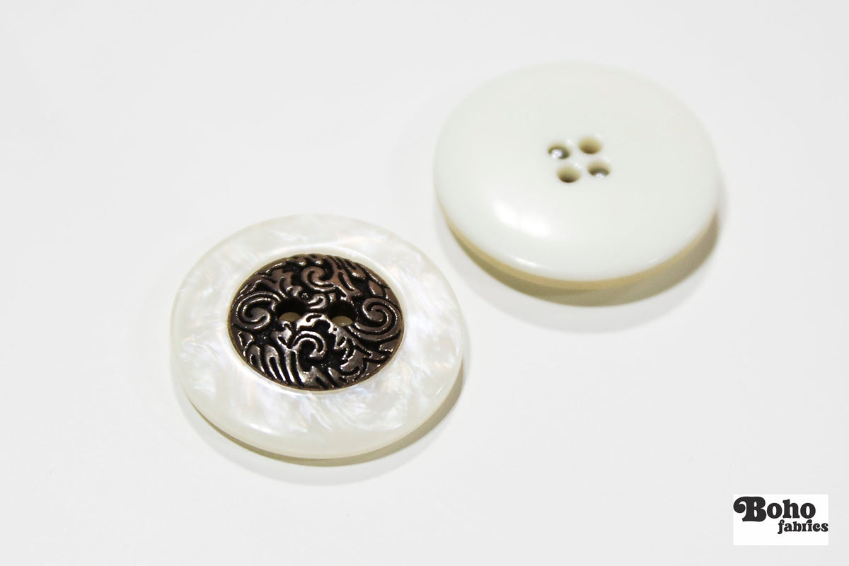 White Pearl & Gold Filigree 2-Hole Plastic Buttons. 40L (25mm / 1") - Boho Fabrics - Buttons & Snaps