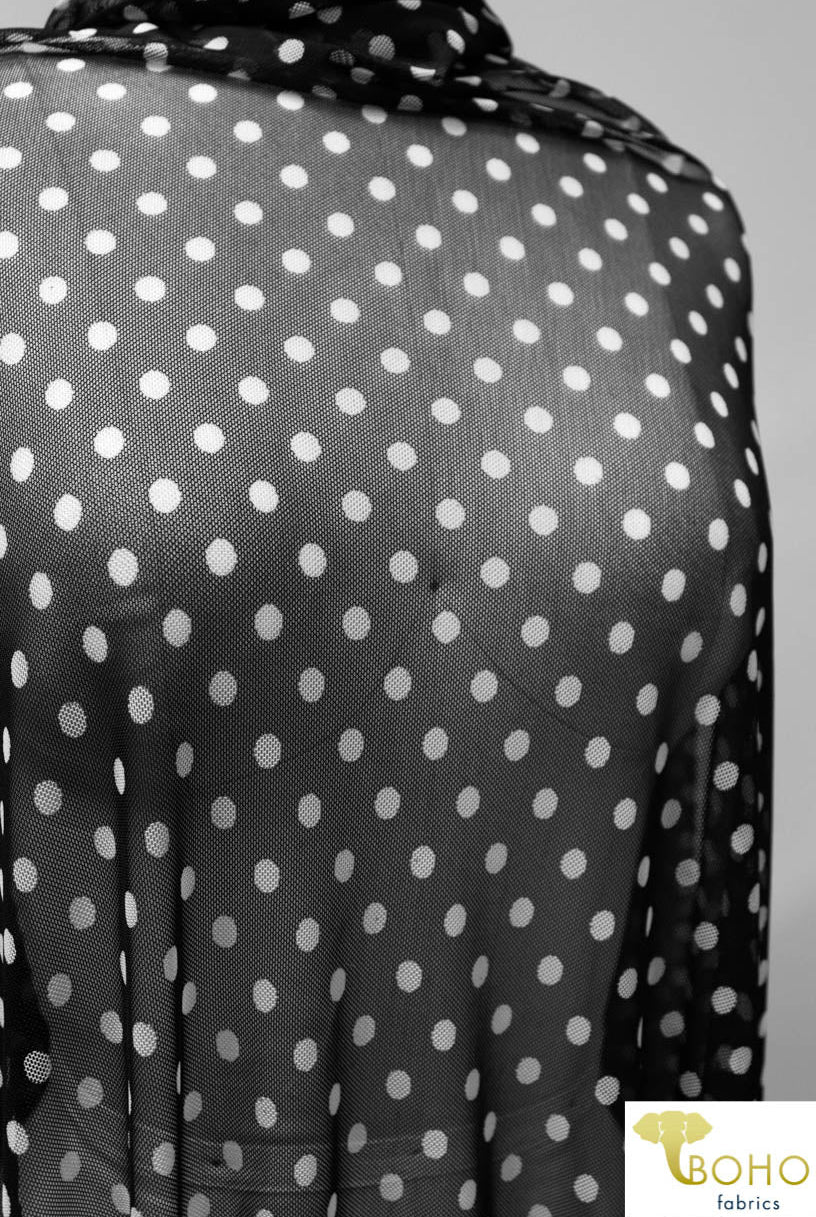 White Polka Dots on Black. Stretch Mesh. SM-101. - Boho Fabrics