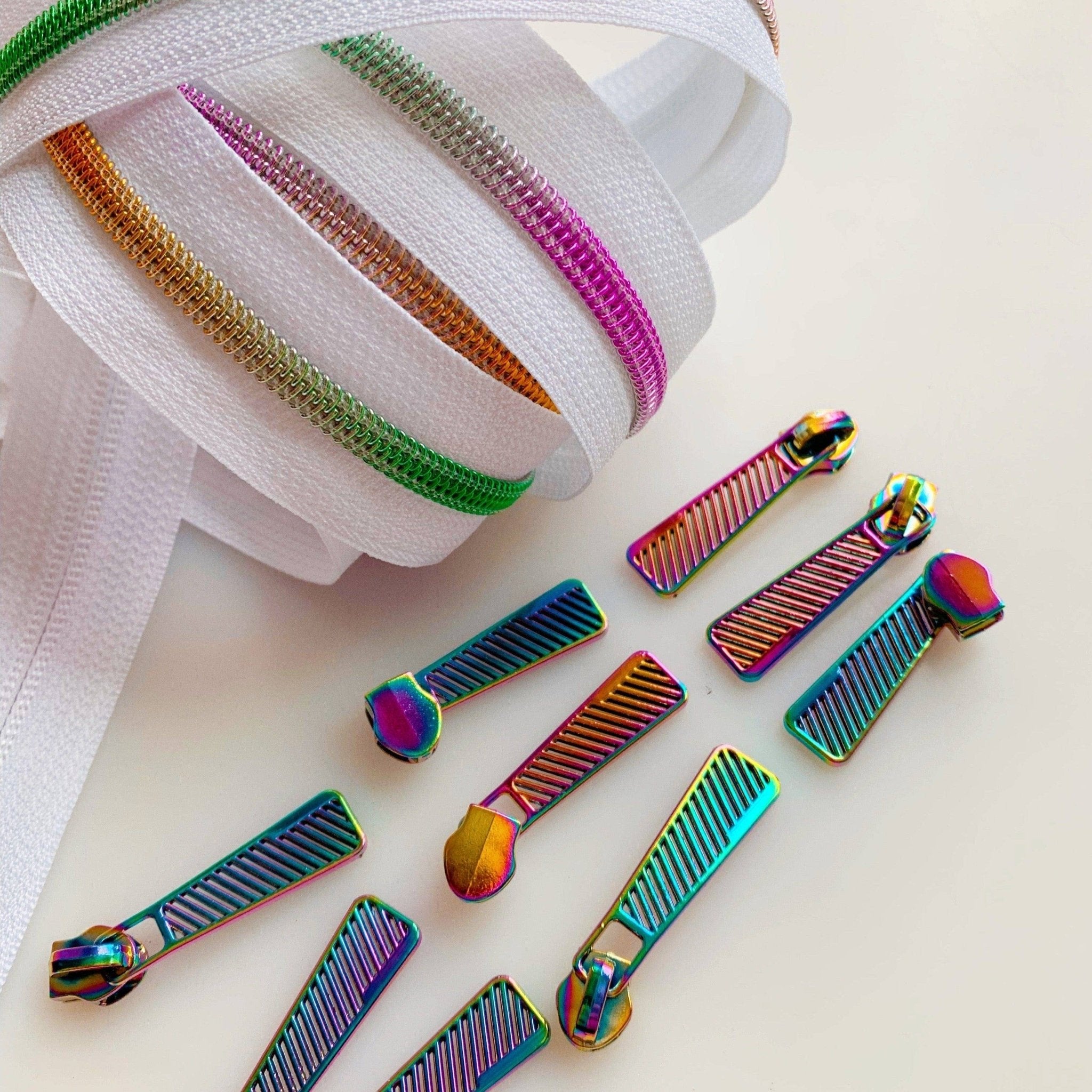 White Rainbow Coil Zipper with Iridescent Pulls - 3 Yards - Boho Fabrics - Zippers