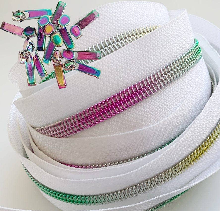White Rainbow Coil Zipper with Iridescent Pulls - 3 Yards - Boho Fabrics - Zippers