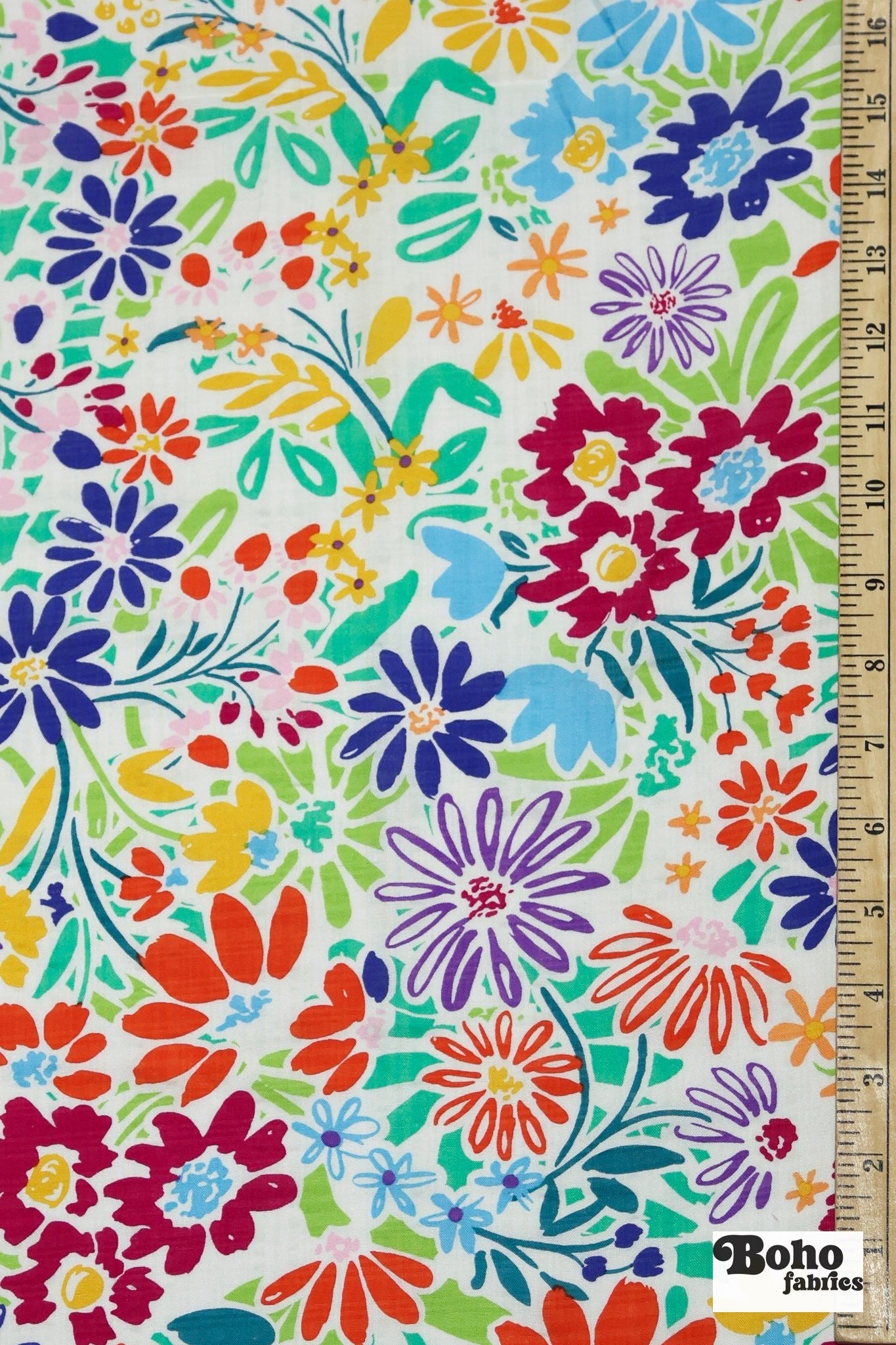 White with Bright Multi-Color Doodle Florals Rayon Woven Fabric - Boho Fabrics - Woven, Fabric