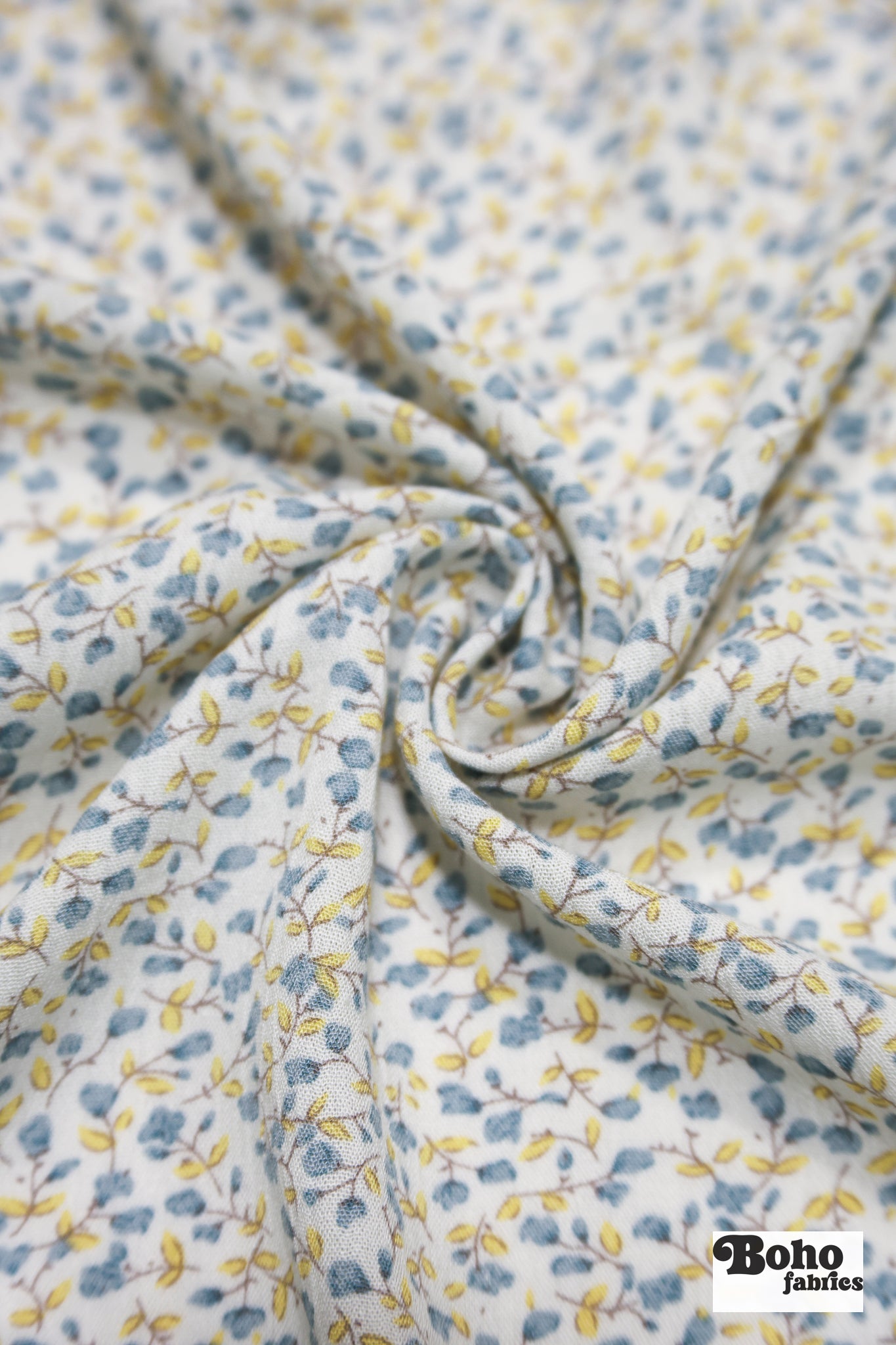 White with Ditsy Blue & Yellow Flowers Rayon Crepe Woven Fabric - Boho Fabrics - Crepe, Woven