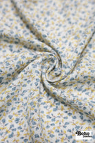 White with Ditsy Blue & Yellow Flowers Rayon Crepe Woven Fabric - Boho Fabrics - Crepe, Woven