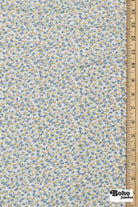 White with Ditsy Blue & Yellow Flowers Rayon Crepe Woven Fabric - Boho Fabrics - Crepe, Woven