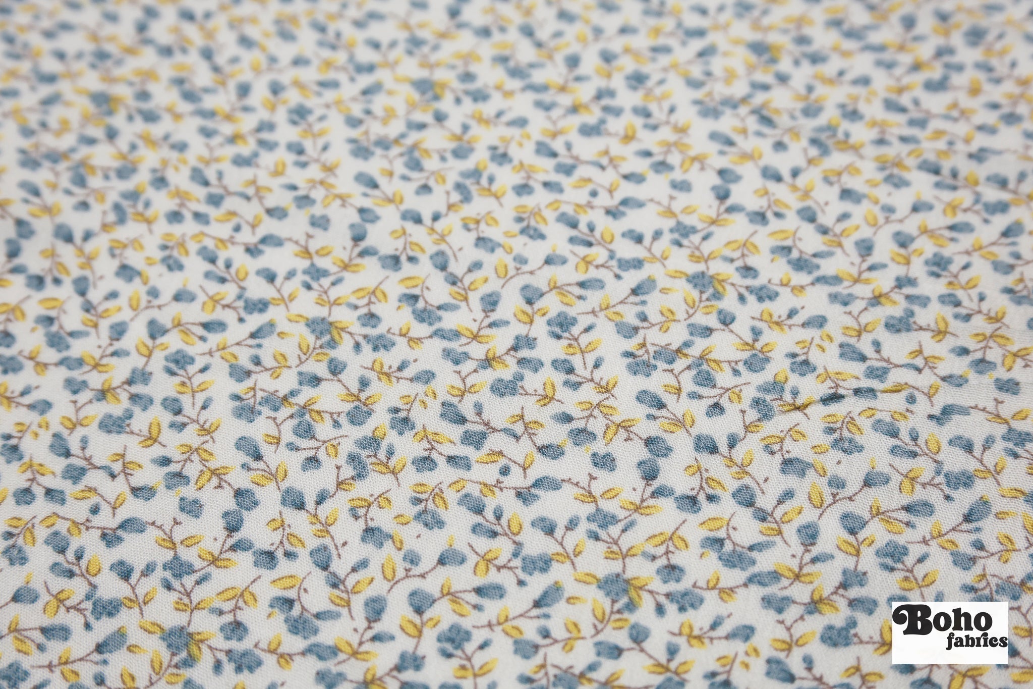 White with Ditsy Blue & Yellow Flowers Rayon Crepe Woven Fabric - Boho Fabrics - Crepe, Woven