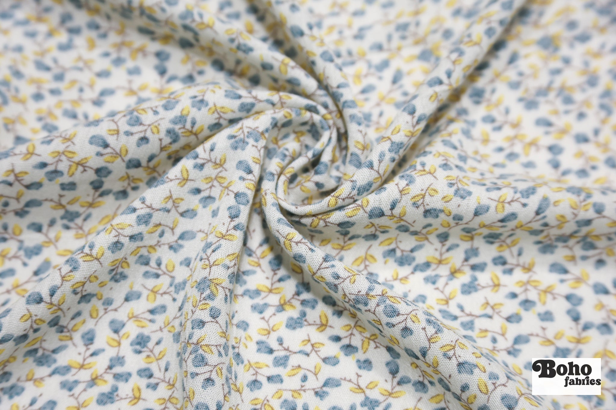 White with Ditsy Blue & Yellow Flowers Rayon Crepe Woven Fabric - Boho Fabrics - Crepe, Woven