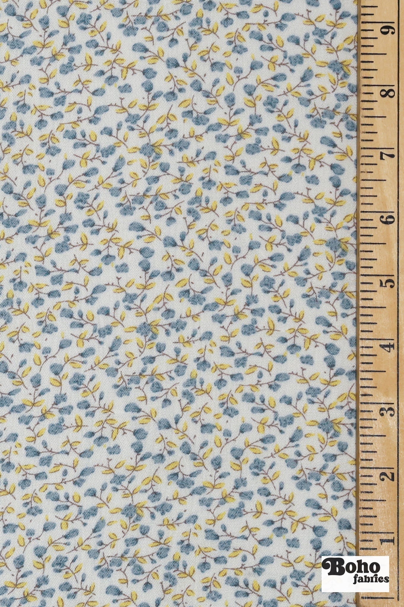 White with Ditsy Blue & Yellow Flowers Rayon Crepe Woven Fabric - Boho Fabrics - Crepe, Woven