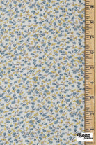 White with Ditsy Blue & Yellow Flowers Rayon Crepe Woven Fabric - Boho Fabrics - Crepe, Woven