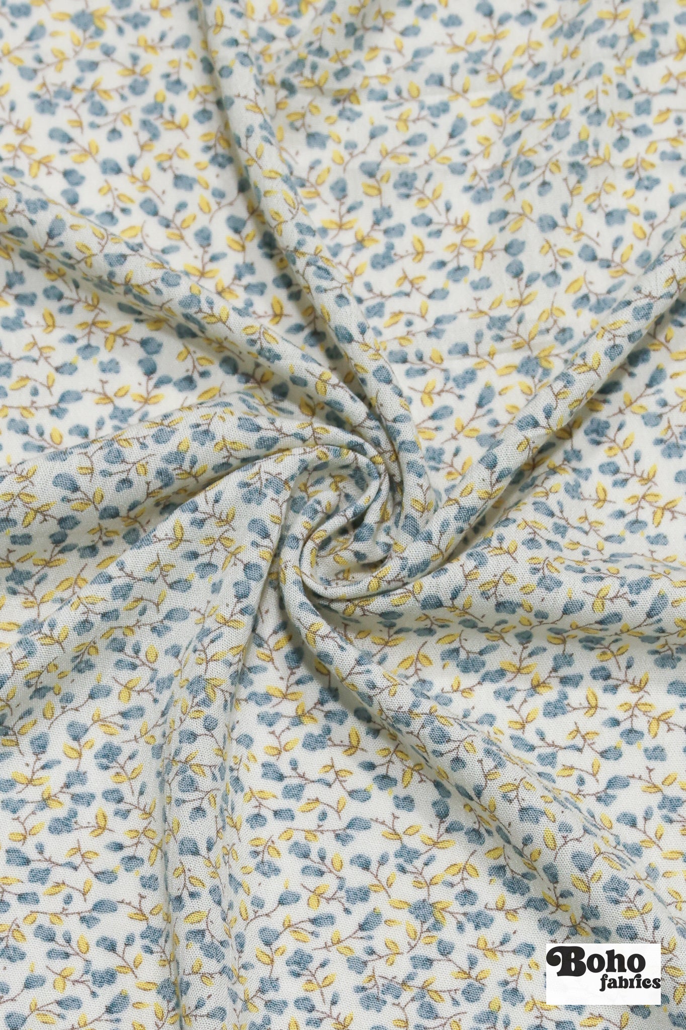 White with Ditsy Blue & Yellow Flowers Rayon Crepe Woven Fabric - Boho Fabrics - Crepe, Woven