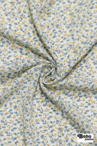 White with Ditsy Blue & Yellow Flowers Rayon Crepe Woven Fabric - Boho Fabrics - Crepe, Woven