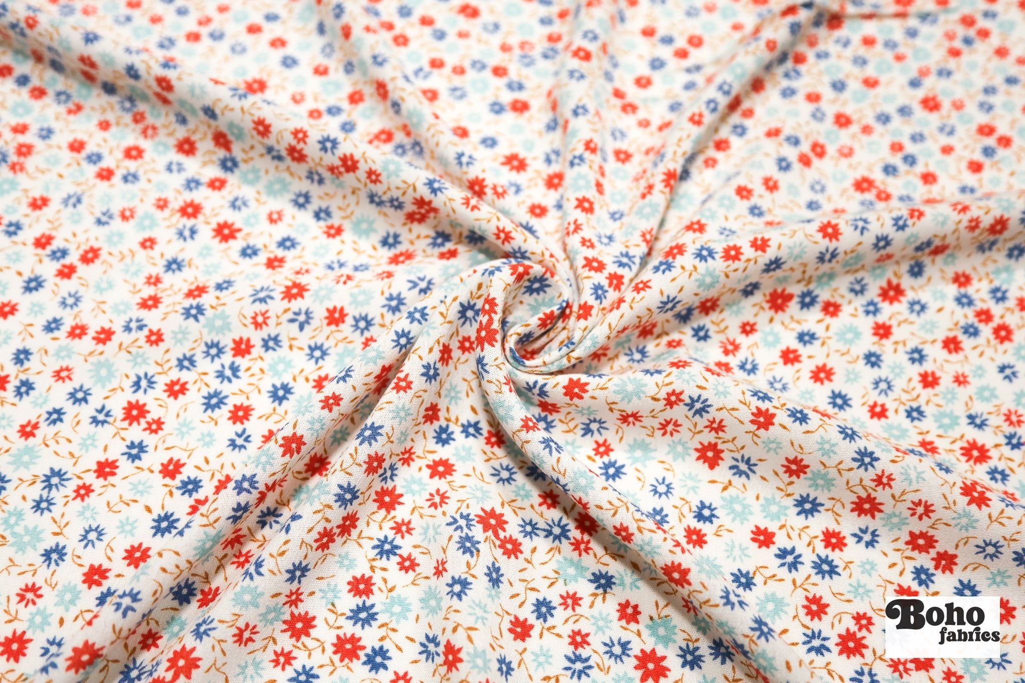 White with Red and Light Blue Ditsy Florals Rayon Crepe Woven Fabric - Boho Fabrics - Crepe, Woven