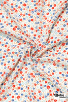 White with Red and Light Blue Ditsy Florals Rayon Crepe Woven Fabric - Boho Fabrics - Crepe, Woven